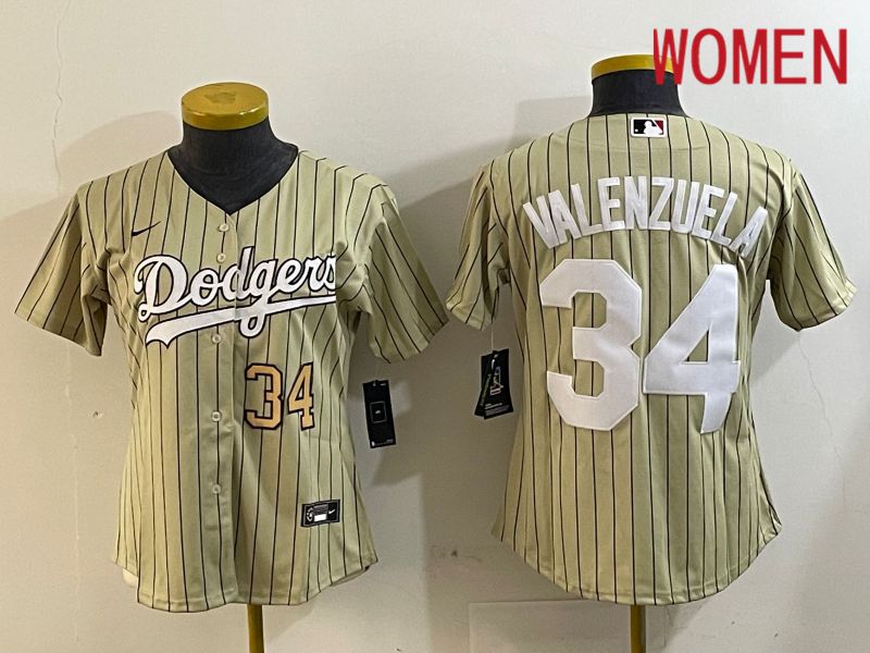 Women Los Angeles Dodgers 34 Valenzuela Green Stripe Game 2024 Nike MLB Jersey style 5